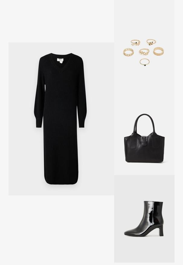 Zwarte, geribde gebreide jurk met een V-halslijn en lange, opgeblazen mouwen, met een middellange snit en zijsplitten voor bewegingsgemak.; Zwarte gepolijste leren enkellaars met een spitse neus en een blokhak van gemiddelde hoogte. Glad textuur en minimalistisch ontwerp.; Zwarte leren tote bag met een gladde textuur, gestructureerde vorm, twee handvatten en een opvallend zilveren sluitingdetail aan de voorkant.; Set van zes gouden ringen met verschillende ontwerpen: gevlochten, met loofmotieven en massieve banden; sommige met groene edelsteentjes.