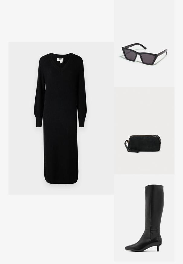 Robe en tricot noir côtelé avec un décolleté en V et de longues manches bouffantes, dotée d'une coupe midi et d’amples fentes sur les côtés pour faciliter le mouvement.; Zign Bottes - black; Lunettes noires angulaires avec des verres gris ; fabriquées en plastique, avec des branches épaisses à la surface lisse et sans matériel visible.; Pochette en daim noir avec une fermeture éclair et une bandoulière amovible. Dotée de quincaillerie dorée et d'une texture lisse et mate.