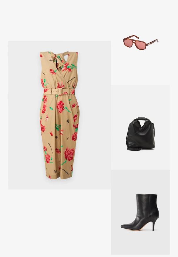 Tan-värinen kietaisumekko, jossa on punaisia kukkakuoseja ja vihreitä lehtiä. Mekossa on vyöllinen vyötärö, hihaton muotoilu ja polvimittainen helma.; Musta nahkasaapas nilkkamittaisena, teräväkärkinen, kapea stiletto-korko ja sileä pinta. Minimalistinen muotoilu ilman näkyviä metalliosia tai kuvioita.; Ruske tortoiseshell sunčane naočale s ružičastim lećama. Imaju kutni dizajn i logotip marke "GCDS" u bijeloj boji na rukavu.; Mustan, pehmeän nahkabagin ainutlaatuinen kierretty muotoilu. Varustettu lyhyellä kahvalla ja irrotettavalla olkahihnalla. Minimalistinen tyyli.