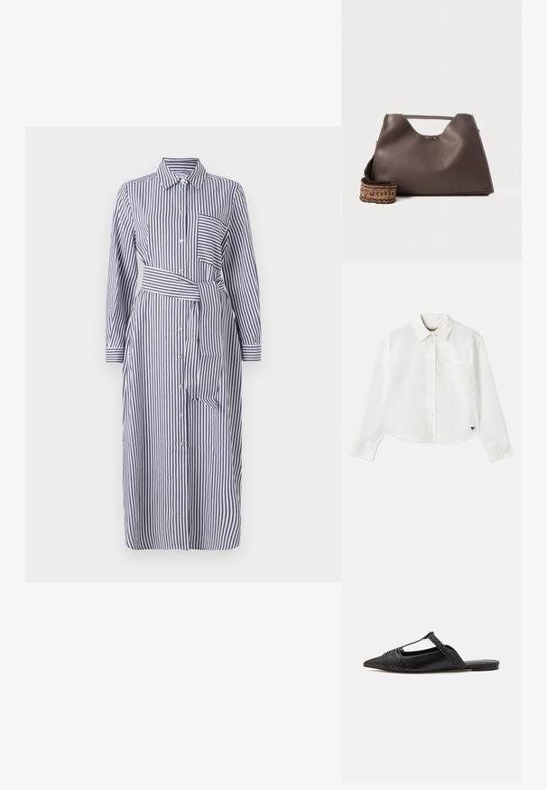 Triibuline kleit, millel on kraega kaelus, pikad varrukad, esipaneelil nupud, vöölöö, ja üks rinnatasku. Värvid on tumesinine ja valge.; Valge lühikesed varrukad puuvillane särk. Omab nööbiga esist, rinna taskut ning väikest musta logo all vasakul.; Must kuulsad nahast kandadega kingad, millel on terav nina, koos kootud detaili ja volditud ülaosaga. Lame tald minimaalse riistvaraga.; Pruun nahkne käekott tekstureeritud viimistlusega, nurkadega disain ja silmapaistev ülemine sang. Omab mustriga kootud rihma detaili.