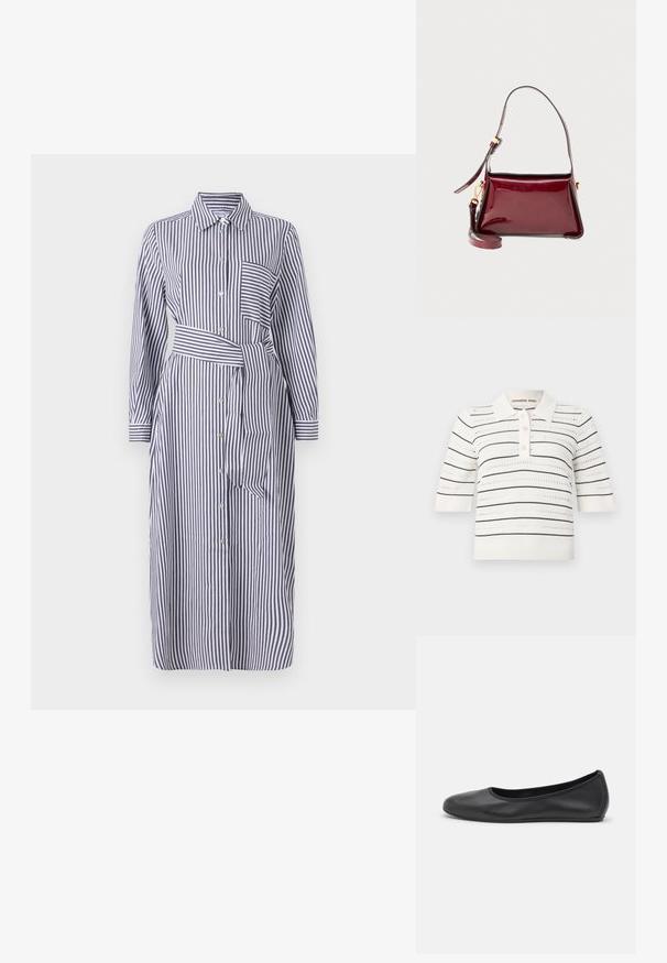 Rochie cămașă cu dungi, având guler, mâneci lungi, nasturi la front, curea în talie și un singur buzunar la piept. Culorile sunt bleumarin și alb.; Polo cu mânecă scurtă în crem cu dungi negre. Are un guler cu nasturi, textură tricotată și un design cu decupaje pentru ventilație.; Balerini din piele neagră, cu vârf rotund, textură netedă, detalii de cusătură minimale și un design al tălpii flexibil.; Geantă din piele patent burgundy, cu un design structurat, închidere cu fermoar superior și curea de umăr detașabilă. Accente din metal auriu.