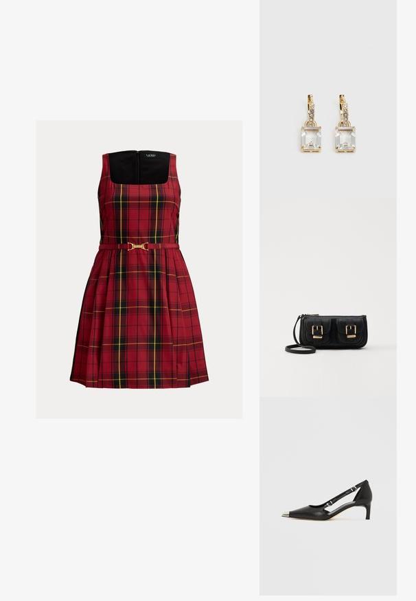 Sarkans pleda raksta kleita ar kvadrātveida izgriezumu, melnu korsešu, plisušu svārku un plānu jostu ar zelta krāsas sprādzi.; Melns ādas kurpju pāris ar zemu papēdi, smailu sudraba purngali un diviem sprādzēm uz balta fona.; Melnas ādas crossbody soma ar divām priekšējām kabatām, zelta sprādzēm, ar rāvējslēdzēju aizdari un šauru siksnu. Strukturēta virsma un kompakta taisnstūra forma.; Zeltītas auskaru rotas, kuru centrā ir taisnstūra formas caurspīdīgs kristāls, kas karājas zem mazu, apaļu caurspīdīgu akcentu rindas. Elegants, mūsdienīgs dizains.