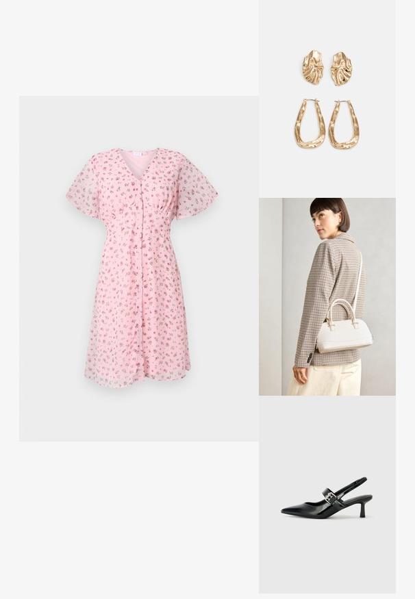 Rochie florală roz cu mâneci scurte tip fluture, decolteu în V și închidere cu nasturi în față. Materialul pare ușor, cu o textură moale și transparentă.; Sandale cu toc din piele patent neagră, cu vârful ascuțit și un toc mic bloc, având un accent cu cataramă argintie pe curea.; Geantă structurată albă, cu mânere scurte și curea de umăr, având accente din metal aurit și material texturat, expusă pe un fundal gri.; Cercei aurii cu forme texturate și ondulate. Include studs sculpturale cu clip și un design de cerc deschis cu un finisaj cioplit.