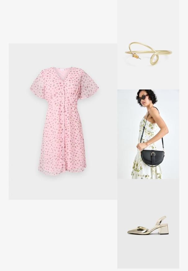 Roza cvetna obleka s kratkimi razpršenimi rokavi, v-vratom in z gumbnim zapenjanjem spredaj. Tkanina se zdi lahkotna z mehkim, prosojnim teksturama.; Zlati, kovinski slingback čeveljci z ostrim nosom in masivnim peto. Gladka tekstura, minimalistična zasnova in ozka zanka.; Črna usnjena torbica s ukrivljeno obliko, z odstranljivo naramnico in zlatimi dodatki. Torbica ima pokrov s podrobnostmi v obliki zaponke.; Zlato obarvan kovinski zapestnica s tekočim, ukrivljenim dizajnom. Ima majhen, izstopajoč srebrn poudarek na enem koncu.