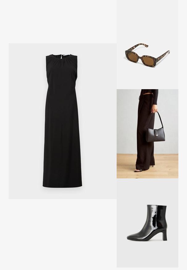 Čierna maxi šaty bez rukávov s okrúhlym výstrihom, jemnými nariaseniami na pleciach a rozparkom po kolená na chrbte. Hladká, ľahká látka.; Čierne lakované členkové topánky s špicatou špičkou a stredne vysokým blokovým podpätkom. Hladká textúra a minimalistický dizajn.; Slnečné okuliare v tortoiseshell štýle s okrúhlym, robustným rámom a hnedými šošovkami. Má jemné vzory a rovné, zoštíhlené ramená.; Čierna kabelka so štruktúrovaným tvarom, hladkou textúrou a kovovou sponou. V kombinácii so širokými čiernymi nohavicami a sandálmi s otvorenou špičkou na drevenej podlahe.