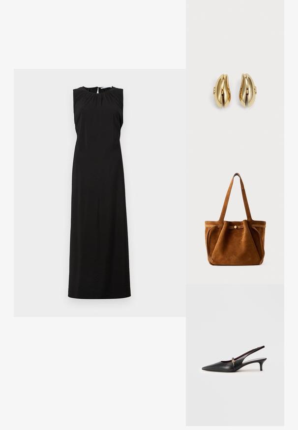 Vestido maxi preto sem mangas com um decote redondo, pregas subtis nos ombros e uma racha até ao joelho nas costas. Tecido liso e leve.; Sandal de salto em pele preta com bico fino, salto delgado e um detalhe dourado perto da tira do tornozelo. Textura suave e design simples.; Bolsa tote de camurça castanha com alças duplas, uma tira de fecho em botão e uma forma descontraída, ligeiramente mole.; Brincos em tom de ouro com um design fluido e curvado. Cada brinco apresenta uma superfície lisa e um pequeno fecho com um detalhe decorativo.