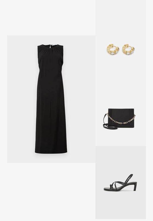 Vestido maxi negro sin mangas con escote redondo, sutiles pliegues en los hombros y una abertura hasta la rodilla en la parte posterior. Tela suave y ligera.; Sandalia negra de tiras con punta cuadrada y tacón bajo de bloque. Presenta múltiples tiras delgadas y una correa ajustable en el tobillo. Fabricada en cuero suave.; Bolso cruzado de piel negra con textura suave, forma rectangular y un detalle de cadena metálica en el frente. Incluye una correa ajustable.; Pendientes de aro de oro con un diseño texturizado y tres acentos de cristal transparente en un lado, que ofrecen una estética geométrica moderna.