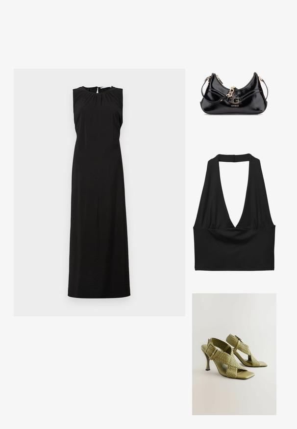 Ärmlös svart maxiklänning med rund halsringning, subtila veck vid axlarna och en knälång slits bak. Slätt, lättviktigt tyg.; Svart ärmlös croptop med en djup V-ringning, r gathered fabric detail och slät textur. Enkelt design, utan dekorationer.; Gröna vävda klacksandaler med justerbar spänne, kvadratisk öppen tå och en slät sula. Har en elegant, smal hög klack och texturerade remmar.; Svart lackläderväska med en kurvad design, guldhardware detaljer och en framträdande logotyp. Inkluderar ett avtagbart axelrem.
