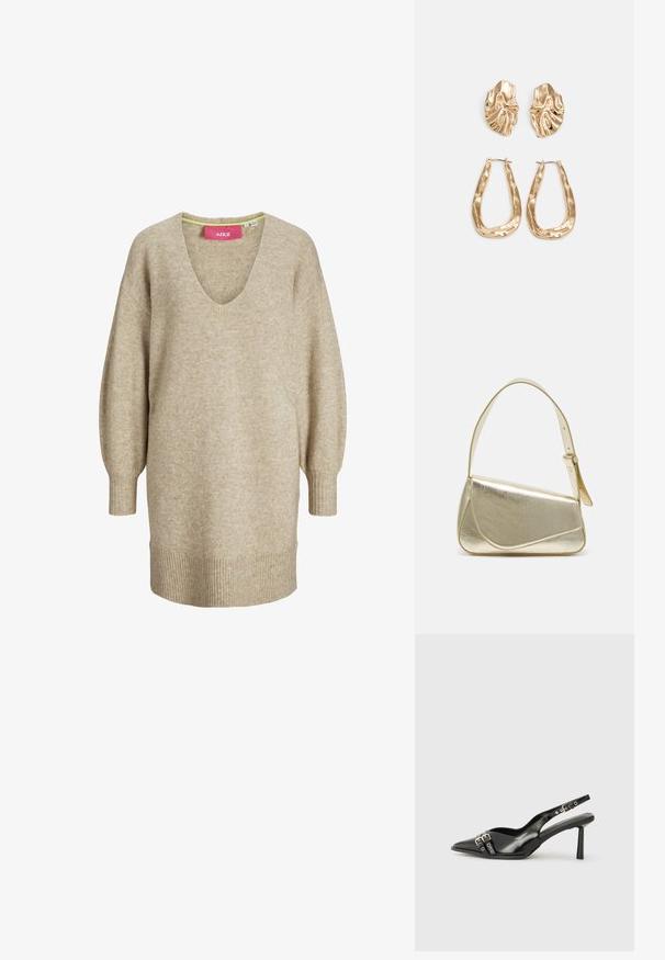 Μπεζ υπερμεγέθες πουλόβερ με V λαιμόκοψη, μακριά, κομμένα μανίκια, ριμπ τελείωμα και διακριτή υφή. Η ετικέτα φέρει ροζ ταμπέλα με την ένδειξη "JJXX."; Μαύρο παπούτσι slingback από πατέντο δέρμα με μυτερή μύτη, λουράκια στον αστράγαλο που διαθέτουν ασημένιες αγκράφες και μεταλλικά στοιχεία, και λεπτό τακούνι.; Χρυσή μεταλλική τσάντα χειρός με δομημένο σχέδιο, λεία υφή και ρυθμιζόμενο λουρί. Διαθέτει μοναδικό τριγωνικό σχήμα και μινιμαλιστική ραφή.; Χρυσά σκουλαρίκια με υφή, κυματιστά σχήματα. Περιλαμβάνουν γλυπτικά κλιπ-σε σκουλαρίκια και σχέδιο ανοιχτού σκουλαρικιού με σφυρήλατη επιφάνεια.