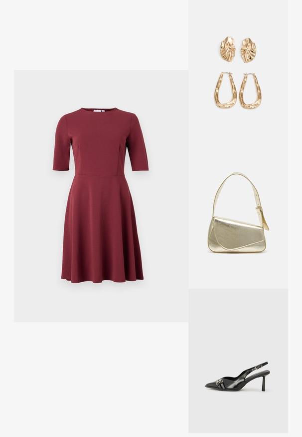 Vestido burgundy com decote redondo, mangas curtas, corpete ajustado e saia rodada. Feito de um tecido liso sem padrões ou adornos visíveis.; Sapato slingback preto em pele patentada com bico apontado, tiras no tornozelo apresentando fivelas e acessórios prateados, e um salto elegante.; Bolsa de mão metálica dourada com um design estruturado, textura suave e alça ajustável. Apresenta uma forma triangular única e costura minimalista.; Brincos em tom de ouro com formas onduladas e texturizadas. Inclui studs escultóricos com presilha e um design de argola aberta com um acabamento martelado.