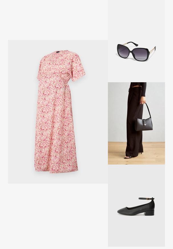 Rochie de maternitate florală în roz deschis, cu o croială lejeră, mâneci scurte și talie strânsă. Prezintă un guler mic rotund și modele diverse de flori.; Pantof cu toc negru din piele, cu vârf ascuțit și toc mic pătrat. Dispune de o curea la gleznă cu o cataramă în tonuri de aur. Textură netedă.; Ochelari de soare negri, supradimensionați, cu lentile degradate, rame groase și detalii cu lanț de ton auriu pe brațele templului.; Genți negre cu o formă structurată, textură netedă și un închizător metalic. Asortată cu pantaloni negri largi și sandale cu vârf deschis pe un podea din lemn.