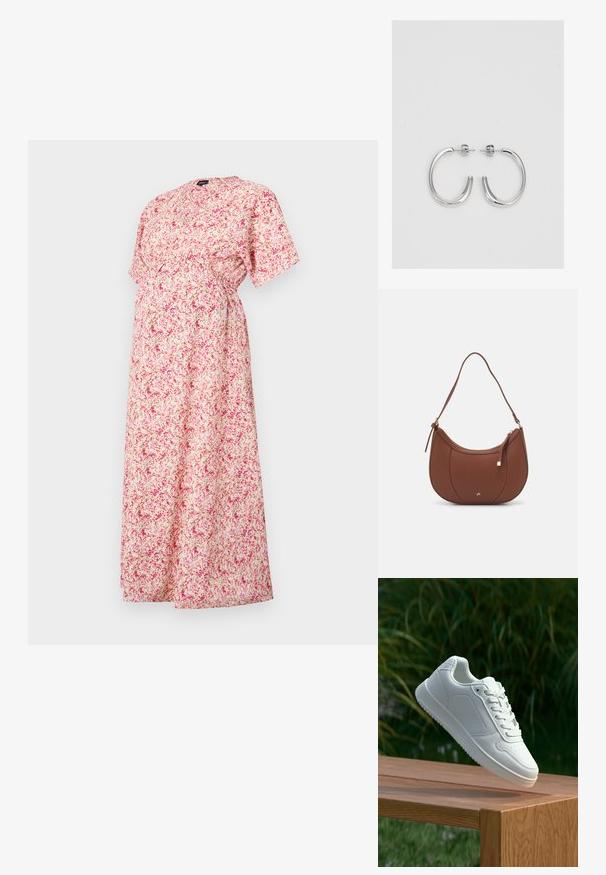 Cvećasta majčinska haljina u svijetloj ružičastoj boji s slobodnim krojem, kratkim rukavima i naboranim strukom. Sadrži mali okrugli izrez i različite uzorke cvijeća.; Bijela tenisica sa glatkim sintetičkim gornjim dijelom, perforiranim prednjim dijelom, ravnim vezicama i teksturiranom potplatom, prikazana na drvenoj površini.; Smeđa torba od umjetne kože s zakrivljenim oblikom, minimalnim šavovima i zlatnim metalnim detaljima. Ima zatvaranje na gornjoj strani sa patentnim zatvaračem i podesivu naramenicu.; Srebro naušnice u obliku prstena s glatkom, sjajnom završnom obradom. Zaobljenog oblika, laganog dizajna, s kopčom na poleđini.