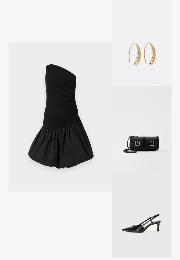 Félvállas fekete ruha, amely illeszkedő felsőrésszel és dús, fodros szoknyával rendelkezik. Simító, könnyű anyagból készült, matt felülettel.; Fekete lakk slingback sarok, hegyes orral, texturált kígyómintával, állítható pánttal és rövid, texturált tömbsarkal.; Fekete bőr keresztbody táska két elülső zsebbel, arany csattokkal, cipzáras záródással és vékony pánttal. Textúrált felület és kompakt téglalap alak.; Aranyszínű fémből készült karika fülbevalók ívelt, hosszúkás formával. Simaságával és fényes felületével, valamint lekerekített végével további részletekkel bővül.