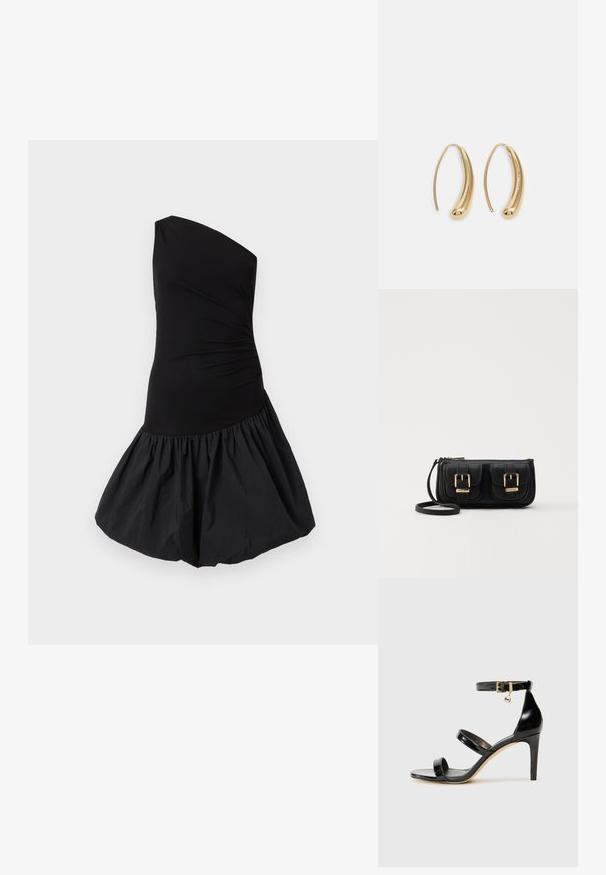 Jednoduché černé šaty na jedno rameno s přiléhavým korzetem a objemnou, nabíranou sukní. Vyrobeny z hladké, lehké tkaniny s matným povrchem.; Černé lakované kožené sandály se třemi pásky, sponou na kotníku a 10 cm jehlovým podpatkem. Obsahují zlaté kovové detaily a logo přívěsek.; Černá kožená crossbody taška se dvěma předními kapsami, zlatými přezkami, zipovým uzávěrem a štíhlým popruhem. Texturovaný povrch a kompaktní obdélníkový tvar.; Náušnice ve tvaru kruhu z pozlaceného kovu s vroubkovaným, prodlouženým tvarem. Mají hladký, lesklý povrch a zaoblený konec pro zvýraznění detailu.