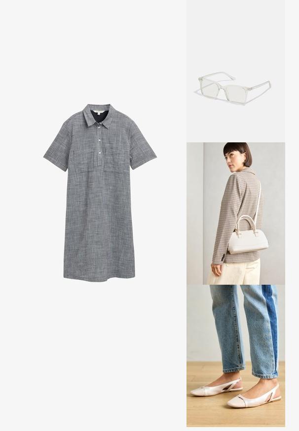 Šaty s krátkým rukávem z šedé tkaniny s kostkovaným vzorem, s límečkem, knoflíkovou lištou a dvěma předními kapsami.; Světle růžové slingback baleríny s špičatou špičkou, vyrobené z hladkého koženému materiálu. Obsahují vystřihovací detaily po stranách a plochý podpatek.; Průhledné plastové brýle čtvercového rámečku s průsvitnými čočkami, které mají zlaté akcenty na spáncích pro zvýraznění detailů.; Bílá strukturovaná kabelka s krátkými uchy a ramenním popruhem, zdobená zlatými kovovými prvky a texturovaným materiálem, vystavená na šedém pozadí.