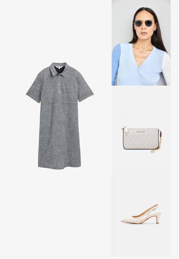 Lühikeste varrukatega kleit hallist kudumisest, millel on ruuduline muster, krae, nupplise ja kaks eesmist taskut.; Valge slingback konts, terava ninaga, siledast ülemisest materjalist, madala ploki kontsaga ja külgse nähtavusega ning reguleeritava pandla rihmaga.; Ringikujulised prillid tumedate läätsede ja kullast raamiga. Mudel on selga pannud helesinise soonikuga kardigani, millel on nupud ja kontrastsed valged varrukad.; Michael Korsi randmevõru beige kaetud kangast, millel on korduv MK logo muster, kuldne riistvara ja eemaldatav ahelistrap.