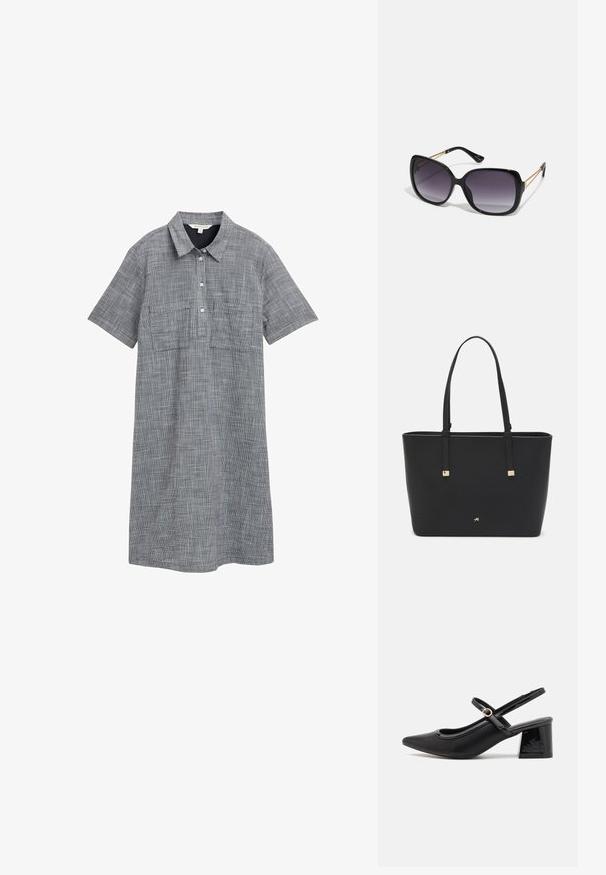 Sukienka z krótkim rękawem w szarym tkanym materiale w kratę, z kołnierzykiem, zapięciem na guziki oraz dwiema przednimi kieszeniami.; Czarne lakierowane czółenka na słupku ze spiczastym noskiem, lekko zaokrąglonym wycięciem i obcasem w kształcie bloku. Posiadają złotą klamrę jako akcent dekoracyjny.; Czarne oversize okulary przeciwsłoneczne z gradientowymi soczewkami, grubymi oprawkami i złotym łańcuszkiem na ramionach.; Czarna torba typu tote wykonana z materiału syntetycznego, z prostym prostokątnym wzorem, złotymi kwadratowymi akcentami i podwójnymi uchwytami.