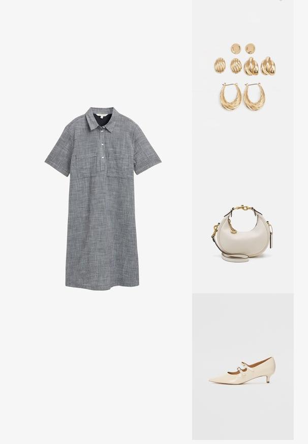 Abito a maniche corte in tessuto gray intrecciato con motivo a quadri, dotato di colletto, patta con bottoni e due tasche anteriori.; Scarpe Mary Jane in pelle verniciata beige con due fibbie regolabili, punta affusolata e tacco basso. Texture liscia con una finitura lucida.; Borsa a mano in pelle crema a forma di mezzaluna, con accessori in oro, dettagli neri e una tracolla rimovibile. Presenta una dettagli in catena e un'etichetta.; Set di orecchini in tono oro che comprende tre paia: orecchini a perno ovali texturizzati, orecchini a perno con design ondulato e grandi orecchini a cerchio con scanalature sovrapposte.