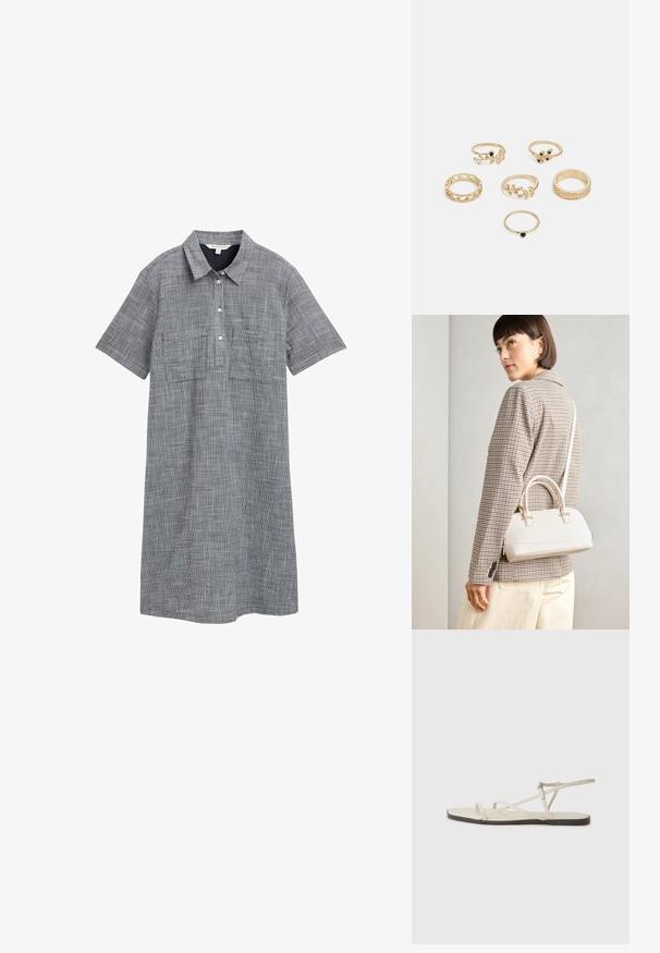 Rövid ujjú ruha szürke szövetből, kockás mintával, gallérral, gombolással és két elülső zsebbel.; Beige lapos szandál, amelyet több vékony pánt díszít, és állítható csattal rendelkezik. A talpa lapos, az élein enyhe sötét kontraszttal.; Fehér, strukturált kézitáska rövid füllel és vállpánttal, arany színű fém kiegészítőkkel és texturált anyagból, szürke háttér előtt bemutatva.; Hat gyűrűből álló készlet arany színben, különböző mintákkal: fonott, levélmotívumokkal és sima karikák; néhány zöld drágakő díszítéssel.