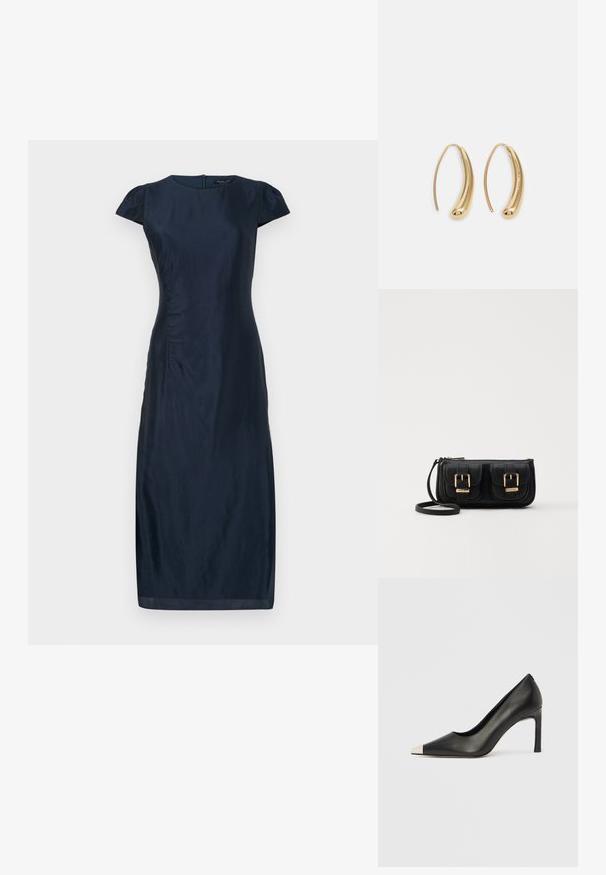 Navy zila pieguļojoša kleita ar īsām piedurknēm, strukturēts audums un sānu ručings. Līdz ceļiem, ar slēptu aizmugures rāvējslēdzēju. Gluda apdare.; Melns ādas augstpapēžu kurpes ar smailu purngalu un metāliski sudraba uzgali. Ir gluda apdare un slaids 10 cm augsts papēdis.; Melnas ādas crossbody soma ar divām priekšējām kabatām, zelta sprādzēm, ar rāvējslēdzēju aizdari un šauru siksnu. Strukturēta virsma un kompakta taisnstūra forma.; Zelta toņu metāla gredzena auskari ar izliektu, pagarinātu formu. Ar gludu, spīdīgu virsma un noapaļotu galu papildu detaļām.