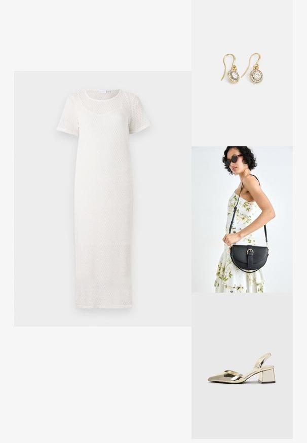 Valge kudumisest maksimekko lühikeste varrukatega, mis sisaldab tekstuuritud mustrit ja ümmargust kaelust. Sile kangas, kuni põlveni ulatuv disain.; Kuldne, metallilised slingback-kudumid terava varba ja paksu kontsaga. Sile tekstuur, minimalistlik disain ja kitsas rihm.; Mustmust mustraha kõverate joontega, eemaldatava rihmaga ja kuldsete detailidega. Kotil on klapp, millel on pandladetail.; Kuldtooni kõrvarõngad ovalikujuliste selgete kristallidega, mille ümber on väiksemad selged kivid, ja kaarvormiga disain, et tagada kindel kandmine.