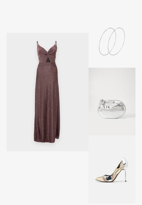 Ilga, blizganti burgundinė suknelė su prigludusia liemene, suktuku ties iškirpte ir plonomis petnešėlėmis, krintančiomis iki grindų.; Aštrus pirštas aukštakulnis batelis su sidabro, aukso ir nuogų spalvų deriniu. Blizgus paviršius su išpjovos dizainu, su stiletto kulnu.; Sidabrinė metalinė maišelio forma su švelnia, apvalia forma ir mazgu užveriamu viršumi. Pagaminta iš lygios dirbtinės odos medžiagos.; Sidabrinės pusmėnulio auskarai minimalistiniu dizainu. Apskritimo forma, lygus paviršius ir plonas profilis. Lengvi su poliruotu apdailu.