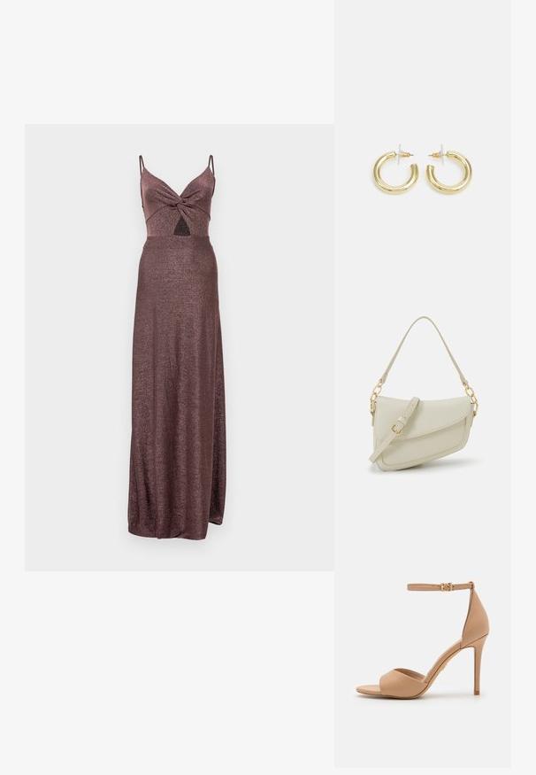 Garšs, mirdzošs bordo kleita ar pieguļošu augšu, savirpinātu detaļu pie kakla un plānām siksniņām, kas plūstoši nolaižas uz grīdas garuma svārkiem.; ALDO CRERIDE PILLOW WALK - Sandales - beige; Maza krēmkrāsas rokas soma ar teksturētu apdari, garu regulējamu siksniņu, ķēdes akcentu un vāciņa aizdari. Zelta aparatūras detaļas.; Zelta auskari ar gludu, spīdīgu apdari. Apaļš dizains, kas ietver mazu tapu un caurspīdīgu pamatni drošai valkāšanai.