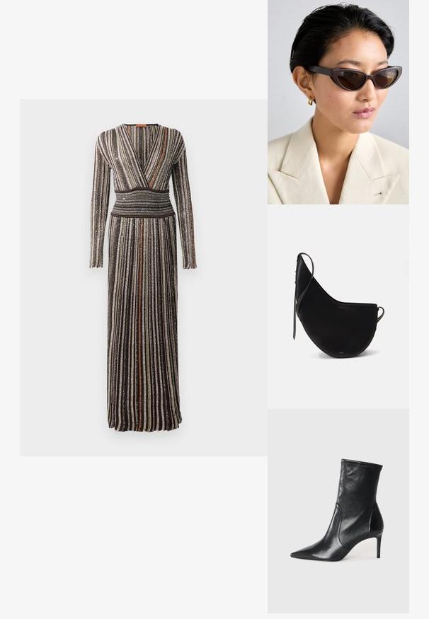 Hosszú, testhezálló ruha, amely beletartozik a csomagolásra tervezettek közé, függőleges fémes csíkokkal barna, zöld és narancssárga színekben, valamint hosszú ujjakkal, amelyek texturált felülettel rendelkeznek.; Fekete bokacsizmák sima bőrből, hegyes orral, illeszkedő sínnel és karcsú, magas sarokkal. Minimalista dizájn, amelyen nincs látható fém munka.; Barna macskaformájú napszemüveg sötét lencsékkel, vastag kerettel és sima felülettel, bézs blézerrel és arany fülbevalóval párosítva.; Fekete bőrtáska, ívelt holdformával, vékony pánttal és diszkrét arany logóval az elején. Simára kidolgozott felület minimális fémalkatrészekkel.