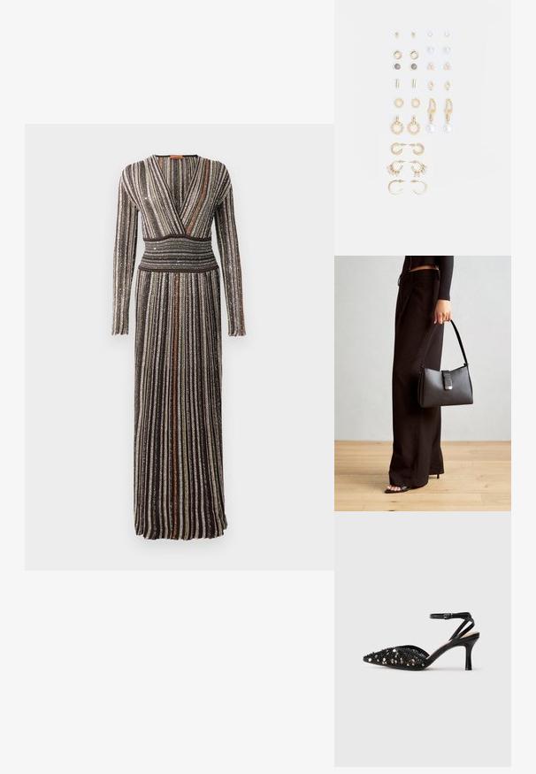 Long, form-fitting dress featuring a wrap design, vertical metallic stripes in brown, green, and orange, and long sleeves with a textured finish.; Black mid-heel shoe with pointed toe, adorned with black and silver sequins, featuring a thin ankle strap with a buckle.; Black handbag with structured shape, smooth texture, and a metallic clasp. Paired with wide black pants and open-toe sandals on wooden floor.; Set of gold-tone earrings featuring various designs, including studs, hoops, and dangling pieces with pearls and rhinestones.