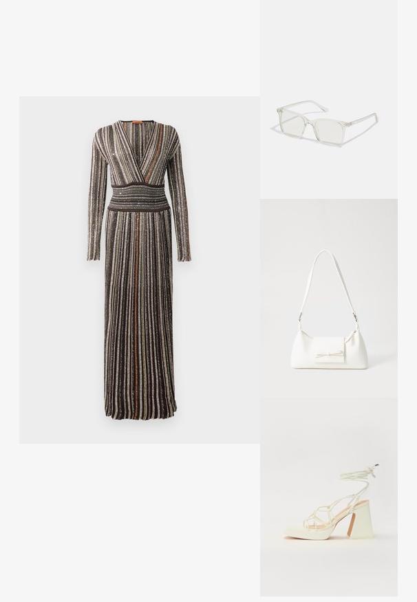 Duga haljina koja se oblikuje uz tijelo, s dizajnom omče, vertikalnim metalnim prugama u smešoj, zelenoj i narančastoj boji, te dugim rukavima s teksturiranom završnom obradom.; Bijela sandala na visokoj potpetici s debelim petom, s remenom i vezanjem oko gležnja. Glatka tekstura s platformom sprijeda za dodatnu visinu.; Prozirne plastične naočale kvadratnog okvira s prozirnim lećama, koje sadrže zlatne akcentne detalje na drškama.; Bijela sintetička torbica s trokutastim oblikom, ravnim prednjim poklopcem i detaljem u obliku mašne, podesivom remenom, glatkom teksturom i minimalističkim dizajnom.