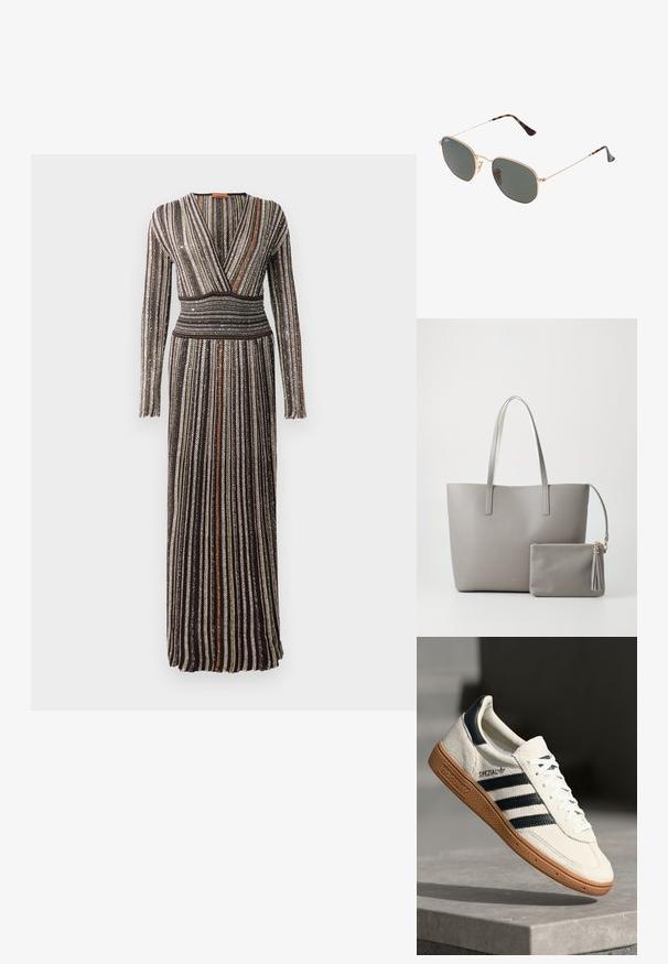 Dlouhé, přiléhavé šaty s překládaným designem, vertikálními metalickými pruhy v hnědé, zelené a oranžové barvě a dlouhými rukávy s texturovaným povrchem.; Bílé semišové tenisky s námořnickými pruhy, gumovou podrážkou, texturovaným svrškem, kulatou špičkou a šněrováním; obsahují branding na boku a na jazyku.; Sluneční brýle s kovovým zlatým rámem a tmavě zelenými skly, styl aviatorek, s úzkými obroučkami a želvovinovými akcenty na špičkách.; Šedá syntetická taška s dvěma dlouhými uchy a odpovídající malou zipovou taštičkou se střapcem. Hladký povrch s jemným vzorem.