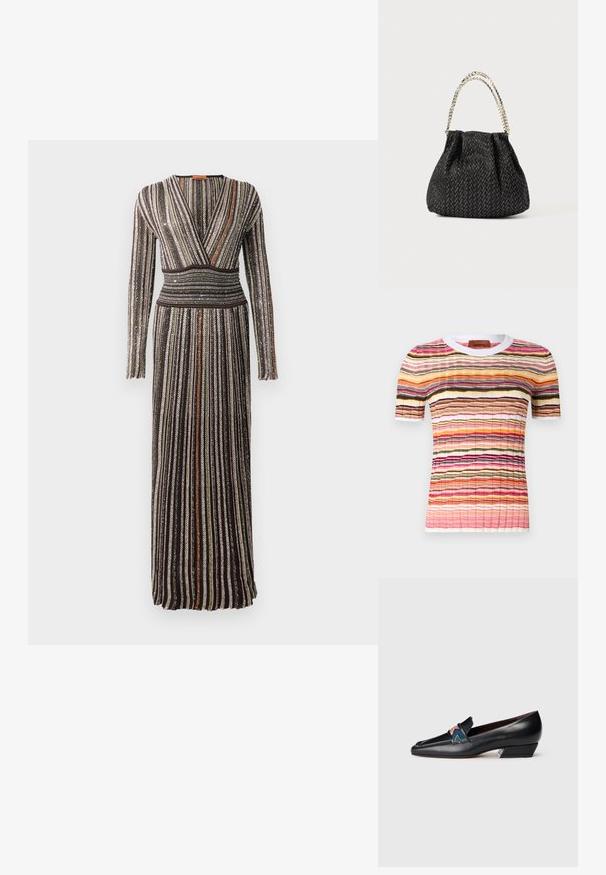 Garais, pieguļošais kleitas modelis ar iesaiņojuma dizainu, vertikālajām metāliskajām svītrām brūnā, zaļā un oranžā krāsā, kā arī garām piedurknēm ar teksturētu apdari.; Daudzkrāsains īsām piedurknēm adīts tops ar viļņotām svītrām rozā, oranžā, melnā un dzeltenā krāsā. Iezīmēts ar baltu ribotu apkakli.; Melns ādas zemu papēžu loaferis ar asu purngalu un krāsainu rakstainu siksniņas detaļu uz baltas fona.; Melnā teksturētā roku soma ar zīda rakstu, savilkta dizaina un metāla ķēdes rokturi. Mīksta auduma virsma nodrošina elegantu izskatu.