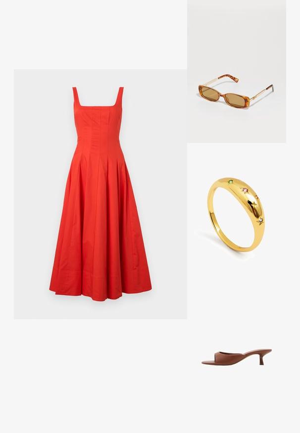 Punainen puuvillamidi-mekko, jossa on neliön muotoinen pääntie, istuva bodice ja levenevä hame. Mekossa on pystysaumoja ja sileä pinta.; Ruske avto čevlji s peto, odprti spredaj, z gladko mat površino, ki imajo ukrivljen dizajn in prozorno, stožčasto peto.; Ruutukuvioiset ruskeat aurinkolasit, joissa on suorakulmaiset kehykset, kultaiset metalliset varret ja vaaleanruskeat linssit. Tyylikäs muotoilu, ei näkyviä logoja.; Kultakuvioinen sormus, jossa on sileä, pyöristetty rengasosa ja viisi tähtikoristetta, joista jokaisessa on värikkäitä jalokiviä vaaleanpunaisena, vihreänä ja sinisenä.