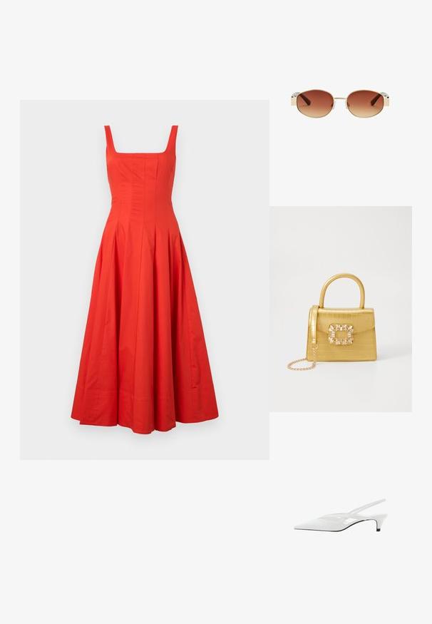 Červené midi šaty z bavlny so štvorcovým výstrihom, priliehavým telom a rozšírenou sukňou, s vertikálnymi švami a hladkou textúrou.; Biele slingback podpätky s špicatou špičkou, s hladkým zvrškom, jemnými výrezmi a nízkym blokovým podpätkom. Čierna podrážka zvýrazňuje dizajn.; Okrúhle slnečné okuliare so zlatým kovovým rámom, hnedými postupne ztmavujúcimi sklami, priehľadnými plastovými akcentmi po stranách a hnedými zdobenými nožičkami.; Žltá falošná krokodília kabelka so štruktúrovaným dizajnom, horným držadlom, odnímateľným reťazovým popruhom a dekoratívnym kryštálovým ozdobením na zapínaní.