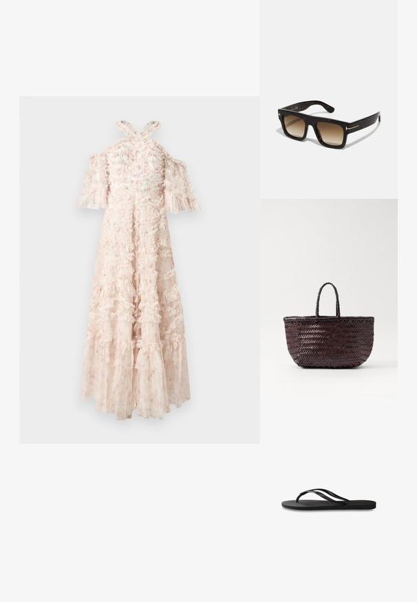 Šviesiai rožinė suknelė su raukšlėmis, su nuleistais rankovėmis ir kryžminėmis petnešomis nugaroje. Permatomas audinys su gėlių raštais.; Juodos šlepetės su tekstūruotu guminio pado, dviem siauromis dirželių ir subtiliu, įspaustu logotipo detalė ant dirželio.; Šaltiukės akiniai su kvadrato forma, gradientinėmis rudos spalvos lęšiais ir subtiliais auksiniais detaliais ant šventyklų.; DRAGON DIFFUSION BAMBOO TRIPLE JUMP SMALL - Rankinė - dark brown