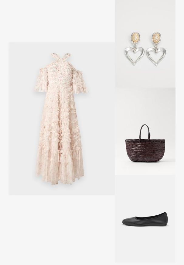 Light pink dress with ruffled layers, off-the-shoulder sleeves, and crisscross straps at the back. Sheer fabric with floral pattern details.; Black leather ballet flat with a rounded toe, smooth texture, minimal stitching detail, and a flexible sole design.; DRAGON DIFFUSION BAMBOO TRIPLE JUMP SMALL - Handbag - dark brown; Silver heart-shaped earrings with a glossy finish. Each features a textured beige oval stud. Elegant and lightweight design.