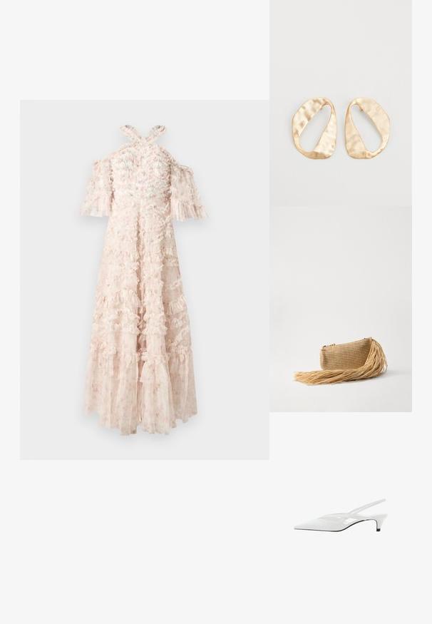 Helles pinkes Kleid mit Rüschenschichten, schulterfreien Ärmeln und Kreuzgurten im Rücken. Durchsichtiges Gewebe mit floralen Mustern.; Weißer Slingback-Absatzschuh mit spitzer Zehenpartie, featuring ein glattes Obermaterial, subtile Ausschnitte und einen niedrigen Blockabsatz. Die schwarze Sohle betont das Design.; Cult Gaia VIERA - Clutch - natural; Ein Paar unregelmäßige, oval geformte Ohrringe aus goldfarbenem Metall mit einer strukturierten, leicht gehämmerten Oberfläche auf weißem Hintergrund.