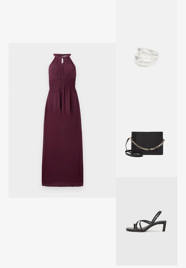 Burgundska maksi obleka, dizajn z ovratnikom na vezanje, z režo na prsih, teksturiran čipkast pas, tekoča tkanina in mehak padec.; Črne natikače s trakovi in kvadratnim prstom ter nizkim blokastim peto. Imajo več tankih trakov in nastavljiv trak okoli gležnja. Narejene so iz gladkega usnja.; Črna usnjena torba čez ramo z gladko teksturo, pravokotno obliko in kovinskim verižnim detajlom spredaj. Vključena je nastavljiva naramnica.; Srebrn dvojni prstan z gladko, polirano površino. Ima tekoč, ukrivljen dizajn z prekrivajočimi se sekcijami za sodoben videz.