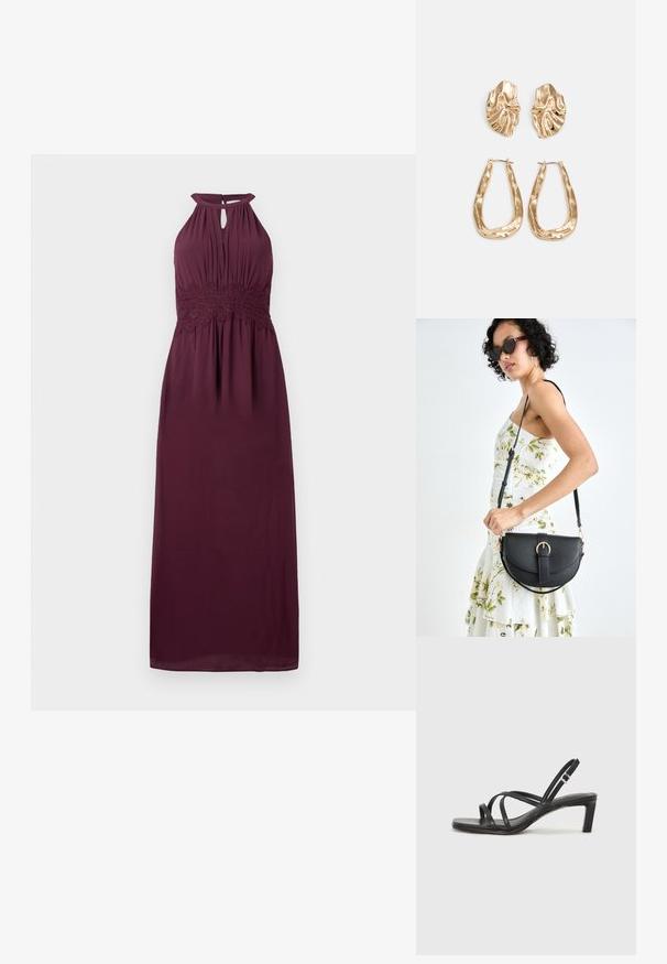Bordo maksi haljina, dizajn s preklopom oko vrata i otvorom u obliku ključa, teksturirani čipkasti remen, lepršava tkanina i mekana drapiranost.; Crne sandale s trakama, kvadratnim prstom i niskom blok petom. Ima više tankih trakica i podesivu trakicu oko gležnja. Izrađene su od glatke kože.; Crna kožna torba s lukovitim oblikom, odvojivim remenom i zlatnim detaljima. Torba ima preklop s kopčom.; Naušnice zlatne boje s teksturiranim, valovitim oblicima. Uključuju skulpturalne kopče i dizajn otvorene kružnice s kovanom završnom obradom.