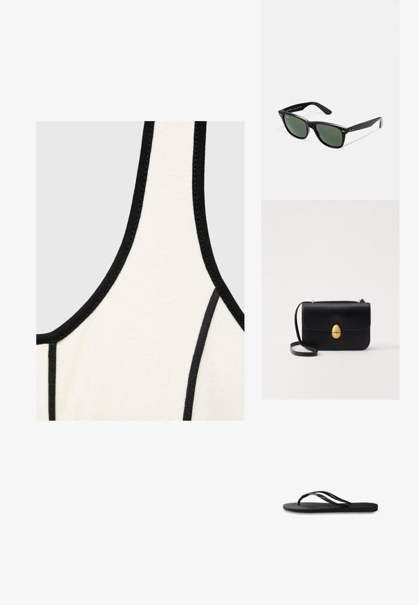 Kermanipäällinen, jossa on musta reunus, vaihtelee sileästä rakenteesta ja pyöreästä kaula-aukosta. Suunnittelussa on kontrastiväriset ompeleet reunoilla.; Mustat flip-flopit, joissa on röpelöinen kumipohja, kaksi hoikkaa remmiä ja hillitty, kohokuvioitu logotyyli remmissä.; Mustat muoviset aurinkolasit, joissa on vihreät linssit, neliönmuotoiset kehykset, hopeinen yksityiskohta kulmakarvojen kohdalla sekä tekstuuriset temppeleiden varret. Brändi ilmoitettu sisävarsissa.; Musta nahkakäekott struktureeritud ristküliku kujuga. Varustatud kuldse ovaalse lukuga ja õhukese õlalindiga. Sile tekstuur.