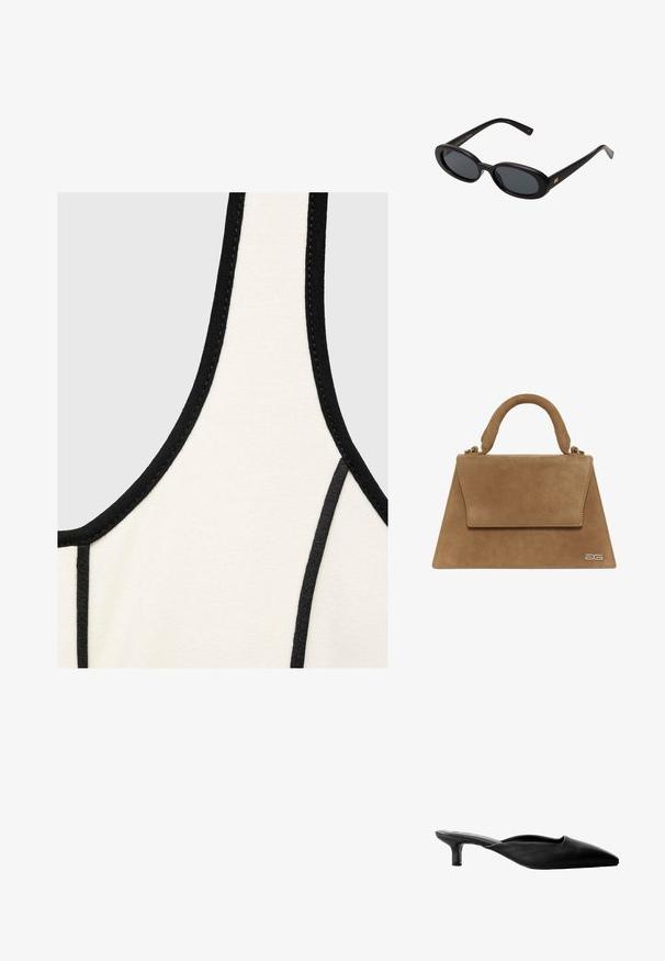 Kermanipäällinen, jossa on musta reunus, vaihtelee sileästä rakenteesta ja pyöreästä kaula-aukosta. Suunnittelussa on kontrastiväriset ompeleet reunoilla.; Mustat nahkaiset korkokenkä-mulet, joissa on terävä kärki, avoin takapuoli ja matala lohkokorko. Silkkinen tekstuuri yksinkertaisella muotoilulla.; Mustat ylisuuruiset aurinkolasit, jotka ovat soikeat linssit, sileä muovikehys ja kultaiset korostukset temppeleissä. Tummat linssit tarjoavat suojaa auringolta.; Ruskea mokkahuulipussi, jossa on jämäkkä kolmion muoto, yläkahva ja läppäkiinnitys. Sivussa on hienovarainen logotulos.