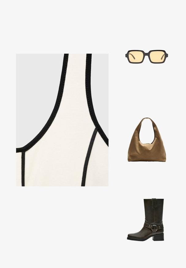 Kremna majica z črnimi robovi, ki se ponaša z gladko teksturo in ovalnim izrezom. Oblikovanje vključuje kontrastne šive ob robovih.; Rjave usnjene gležnjarje s kvadratnim nosom, kratko blokasto peto in dekorativno zaponko z srebrnimi dodatki. Gladka tekstura, preprost dizajn.; Črne pravokotne sončna očala z rumenimi lečami, lahka okvir in značilne ravne robove na ušesnicah. Gladka, sijoča končana.; Brahna torba preko rame iz rjave tkanine s širokim, zaobljenim tijelom i velikim izrezanim ručkom. Meka tekstura, minimalistički dizajn i bez vidljivih metalnih dijelova.