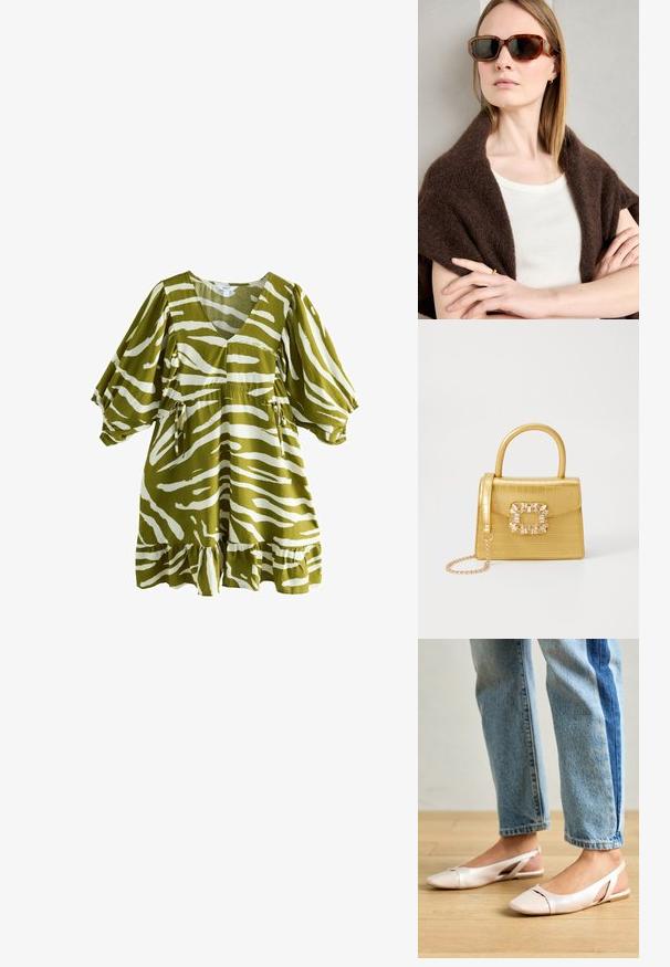 Olivmedžio žalia suknelė su baltais zebrų raštais, V formos iškirpte, trumpomis pūstomis rankovėmis, susiaurinta liemeniui ir su volaniniu apatine dalimi. Pagaminta iš minkštos, tekstūruotos medžiagos.; Šviesiai rožiniai slingback baleto bateliai su smailiu pirštu, pagaminti iš lygios odai panašios medžiagos. Yra išpjovimų detalės šonuose ir plokščias kulnas.; Rudos tortožuviais akiniai nuo saulės su kampuotais rėmeliais, tamsiais objektyvais ir metalinėmis detalėmis. Dėvimi su kreminės spalvos viršumi ir tamsiu šaliu.; Geltonas dirbtinės krokodilo odos rankinukas su standžiu dizainu, viršutine rankena, nuimamu grandininiu dirželiu ir dekoratyviniu krištolo papuošimu ant užsegimo.