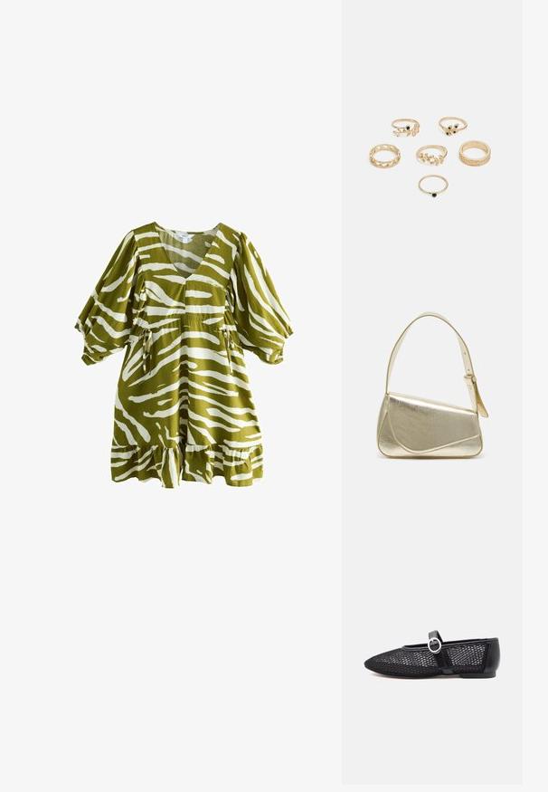 Maslinastozelena haljina s bijelim prugama u uzorku zebre, V-izrez, kratke puf rukave, strukirana u struku i s volanima na rubu. Napravljena od meke, teksturirane tkanine.; Crne mrežaste Mary Jane balerinke s zaobljenim vrhom, podesivim remenom, srebrnom kopčom i čvrstim stražnjim dijelom na bijeloj pozadini.; Zlatna metalna torba s uređenim dizajnom, glatkom teksturom i podesivim remenom. Ima jedinstven trokutasti oblik i minimalističko šivanje.; Set od šest zlatnih prstenova s različitim dizajnima: pleteni, listnati motivi i čvrste trake; neki s akcentima od zelenih dragulja.