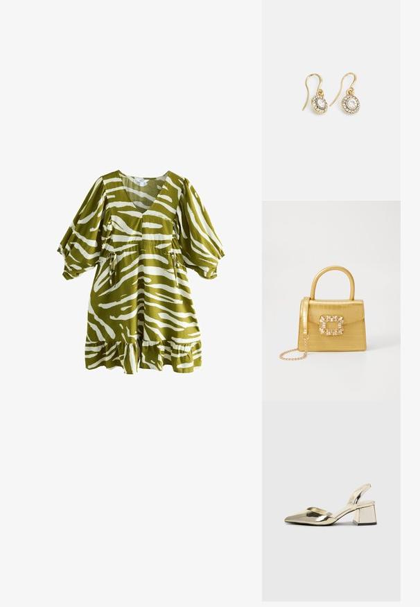 Olivgrünes Kleid mit weißen Zebra-Streifen, V-Ausschnitt, kurzen Puffärmeln, tailliertem Bund und welligen Saum. Aus weichem, strukturiertem Stoff gefertigt.; Goldene, metallische Slingback-Absätze mit spitzem Zeh und dicker Ferse. Glatte Textur, minimalistisches Design und ein schmaler Riemen.; Gelbe Kunstleder-Handtasche im Krokodil-Look mit strukturiertem Design, Obergriff, abnehmbarem Kettenriemen und dekorativer Kristallverzierung am Verschluss.; Goldfarbene Ohrringe mit ovalen klaren Kristallen, die von kleineren klaren Steinen umgeben sind, und einem Haken-Design für sicheren Halt.