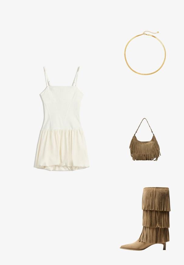 Bijela bezrukavna mini haljina s kvadratnim izrezom, uskim korzetom, podesivim tankim trakama i nabranom lepršavom suknjom.; Kratka čizma od tan sueda s tri sloja rese. Oštri vrh i niska blok peta. Glatka tekstura kroz cijelu čizmu.; Smešena smeđa suđena torba s dugim resicama, zakrivljenim oblikom i jednim remenom za rame. Ima glatku, teksturiranu površinu.; Zlatna mrežasta choker ogrlica s ravnim, fleksibilnim dizajnom. Ima lanac za produženje koji omogućuje prilagodljivu duljinu. Glatka tekstura, minimalistički izgled.