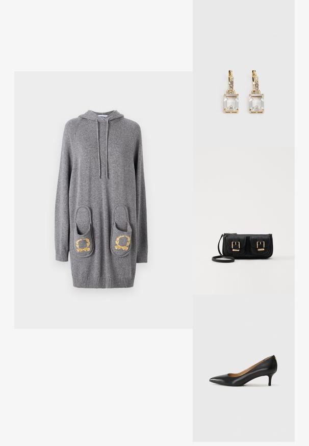 Pilkas gobtuvas suknelė, pagaminta iš minkštos medžiagos, su dviem didelėmis kišenėmis, puoštomis auksinėmis lapų raštais, veliūriniu apdailos ir rankovių kraštu.; Juodos odinės aukštakulnės bateliai su smailiu nosiu, žemu kulnu ir lygiu paviršiumi. Priekyje yra nedidelis atvirumas, o gale minimalus apdaila.; Juodas odinis per petį nešiojamas krepšys su dviem priekiniais kišenėmis, auksiniais sagtimis, užtrauktuko uždarymu ir siauromis petnešomis. Textūruota paviršius ir kompaktiškas stačiakampis formatas.; Auksinės spalvos auskarai, kuriuose yra stačiakampis, skaidrus kristalas, kabantis po eile mažų, apvalių skaidrių akcentų. Šiuolaikiškas, modernus dizainas.