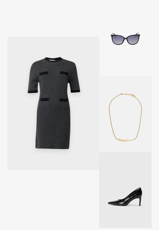 Rochie cu mânecă scurtă din țesătură tricotată de culoare gri închis. Prezintă accente negre și două detalii negre asemănătoare cu buzunare orizontale pe față. Siluetă dreaptă.; Pantof de damă din piele neagră, cu toc înalt, vârf ascuțit, textură fină și toc conic. Design minimalist, fără embellishments suplimentare.; Ochelari de soare negri în stil cat-eye, cu lentile gradient, având o ramă din plastic netedă și accente metalice subtile pe tempie.; Colier placat cu aur, cu un accent central neted și curbat. Dispune de o chaină flexibilă cu un închizător tip homar și link-uri suplimentare ajustabile.