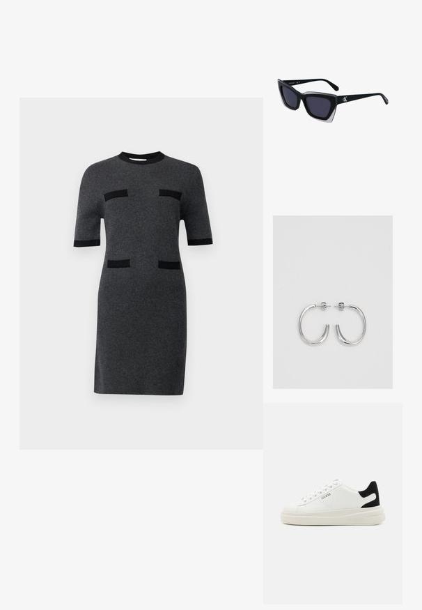 Lühikeste varrukatega kleit tumedast hallist kudumiskangast. Omab musti aktsente ja kahte musta horisontaalset taskutaolist detaili ees. Sirge siluett.; Valged nahast tennisetossud paksu valge tallaga, musta sametist kontsakeeuga ja külje peal riigilogo reljeefne kujundus. Lukkeskeem kuue silmaauguga.; Mustad suured mustad prillid geomeetrilise kujuga, tumedate läätsedega ja kontrastse halli detailiga raamidel. Logo käe peal.; Hõbedased rõngaskõrvarõngad, millel on sile ja läikiv pind. Ümar kuju, kerge disain, millel on post-tagumise kinnituse süsteem.