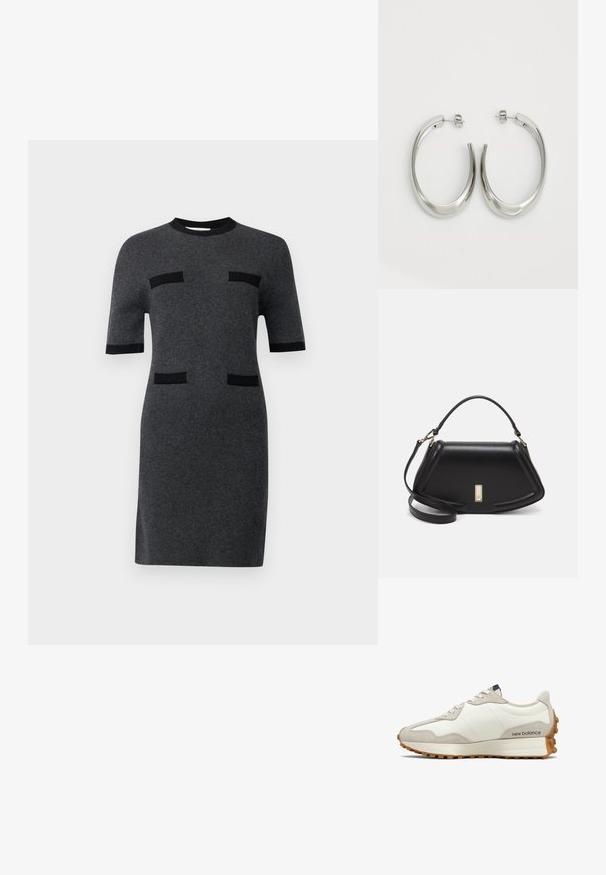 Abito a maniche corte in tessuto a maglia grigio scuro. Presenta dettagli neri e due tasche orizzontali nere sul fronte. Silhouette dritta.; Sneaker bianca e beige con tomaia in pelle liscia, dettagli in suede, punta rotonda e suola in gomma testurizzata. Nome del brand stampato sul lato.; Borsa a mano in pelle nera con un design strutturato, caratterizzata da una forma corta, manico superiore e accessori in metallo dorato. Inclusa tracolla regolabile.; Orecchini a cerchio argentati con un design liscio e curvo. Presentano una finitura metallica lucida e una chiusura a perno. Nessun motivo o accentuazione visibile.